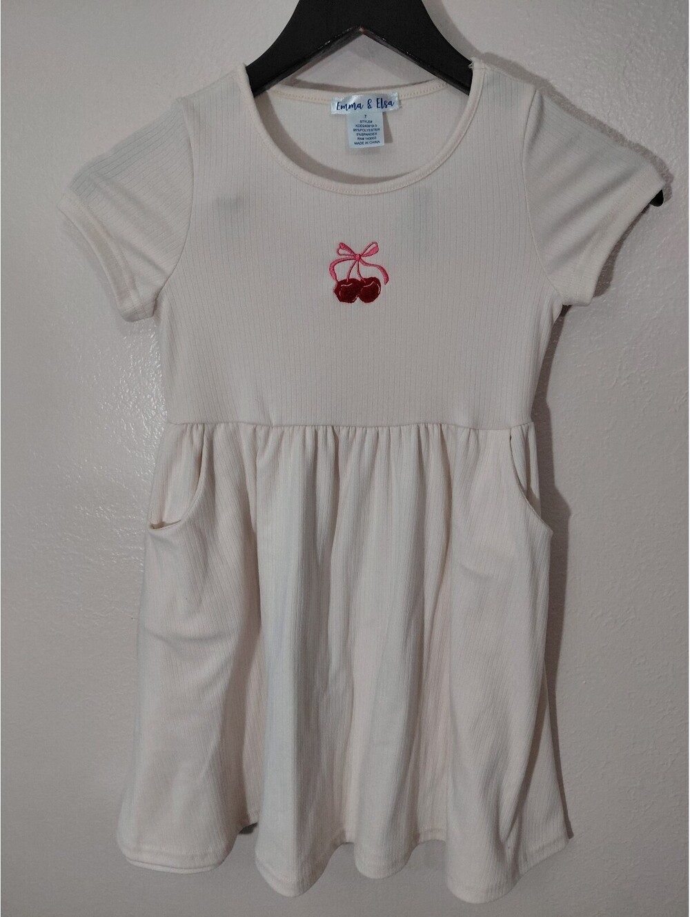 Emma & Elsa Girls' Cream Ribbed Dress with Cherry Embroidery Size 7